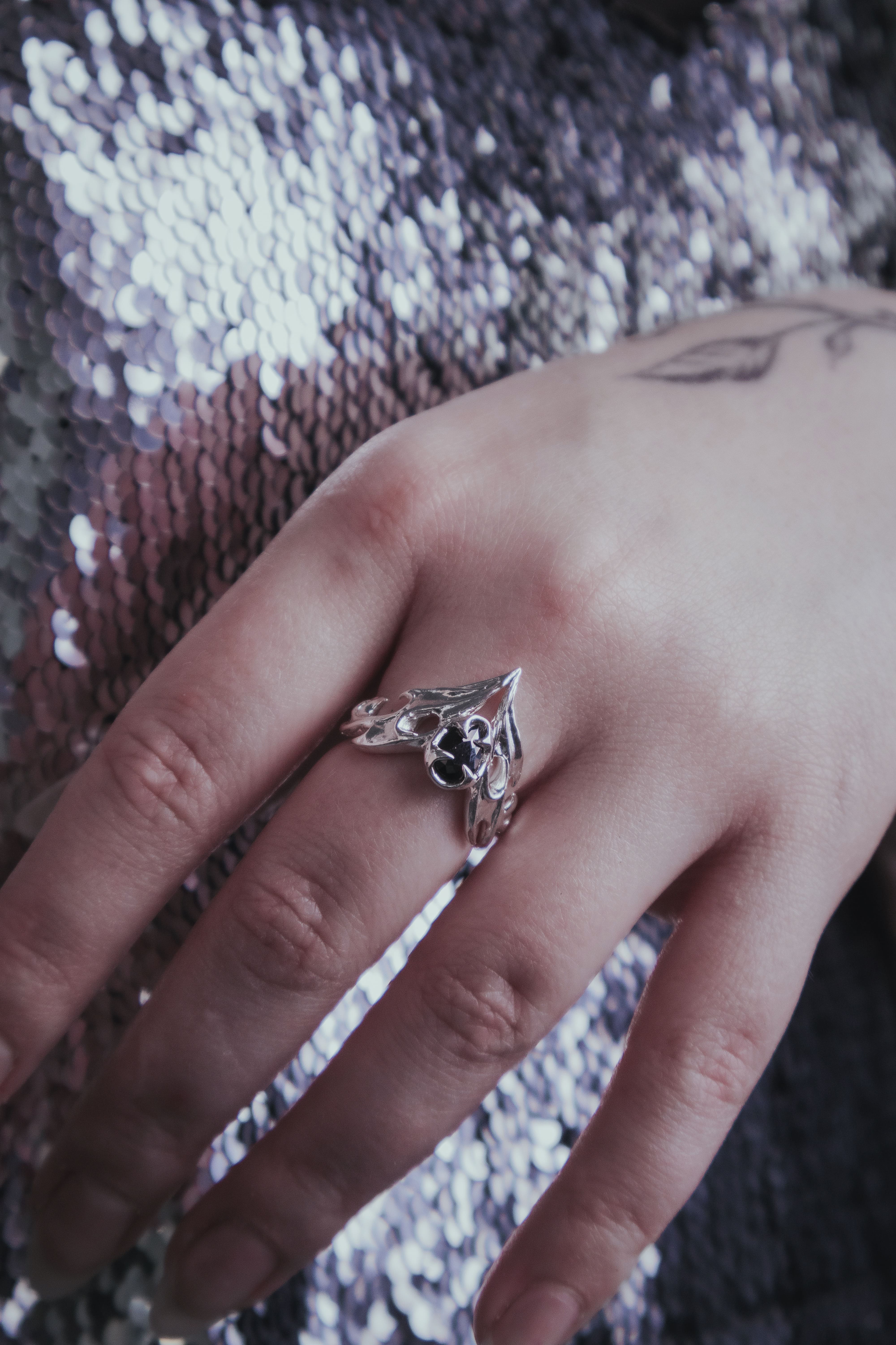 Gothic bat ring with stone