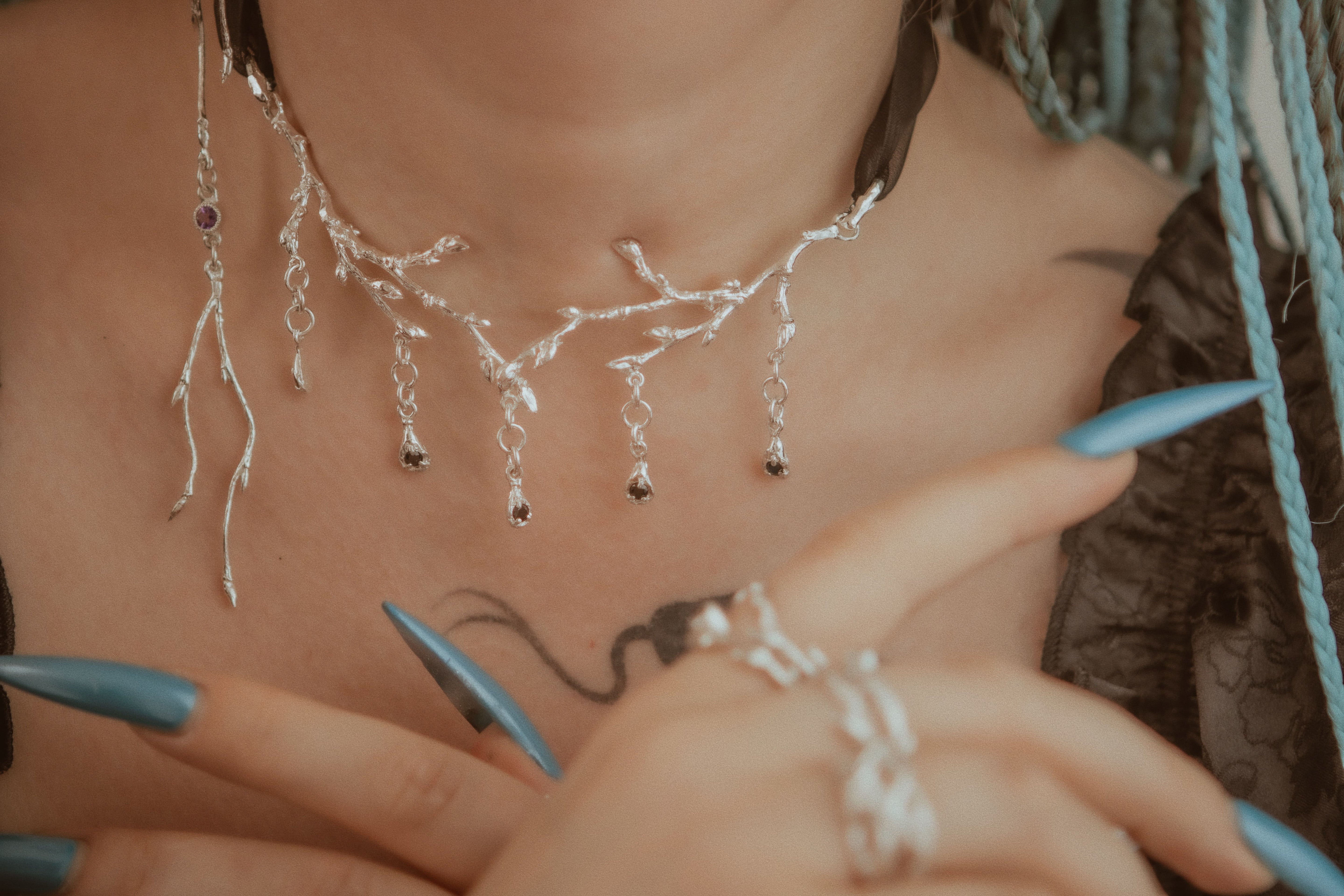 Necklace made of silver forest branches and stones