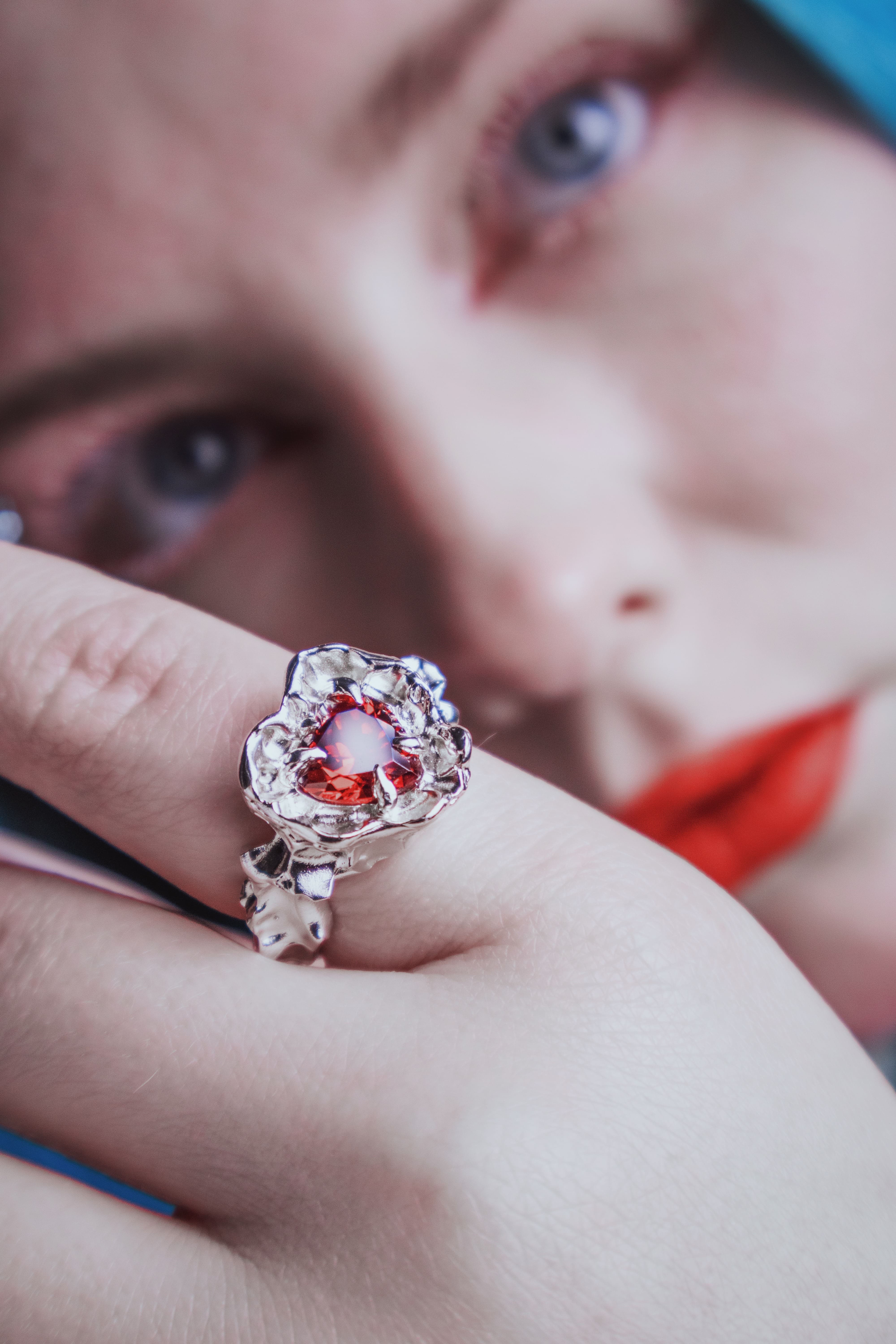 One-of-a-kind ring with a large heart-shaped stone